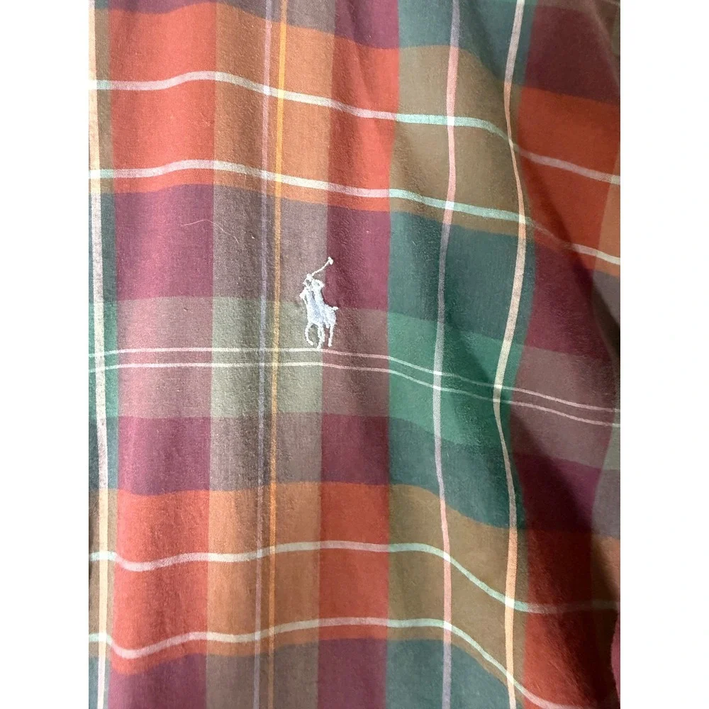 Polo Ralph Lauren Mens Plaid Button Down Shirt 16.5 Burgundy Green Cotton Pony
